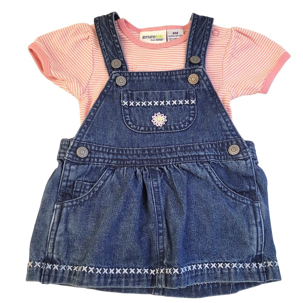 Genuine Kids OshKosh Denim Jumper Dress Set 6M Pink Stripe Tee Baby Daisy